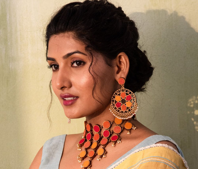 WHE Red and Orange Festive Wheel Repurposed Fabric and Wood Earrings