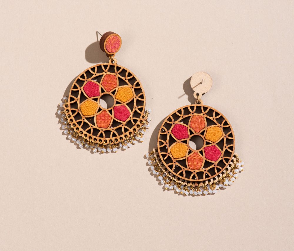 WHE Red and Orange Festive Wheel Repurposed Fabric and Wood Earrings