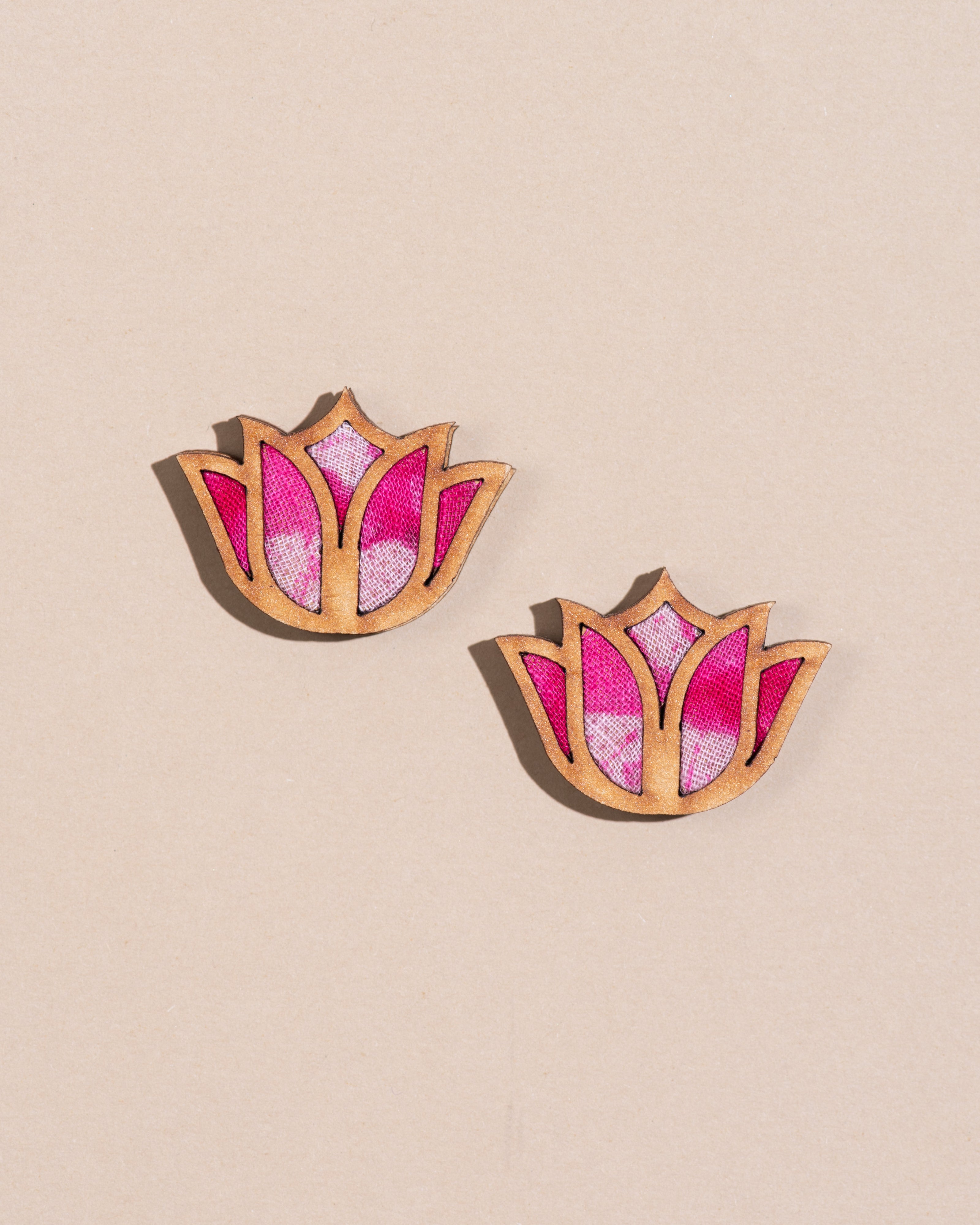 WHE Shades of Pink Bloom Lotus Repurposed Fabric and Wood Earrings