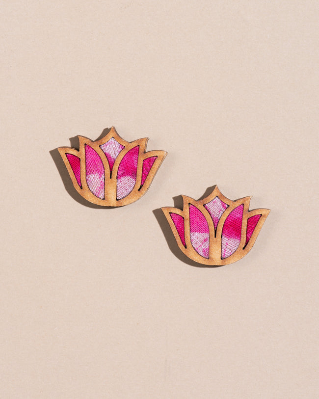WHE Shades of Pink Bloom Lotus Repurposed Fabric and Wood Earrings