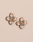 WHE Turquoise White Repurposed Fabric and Wood Flower Stud Earrings