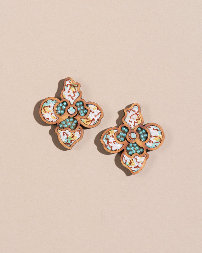 WHE Turquoise White Repurposed Fabric and Wood Flower Stud Earrings