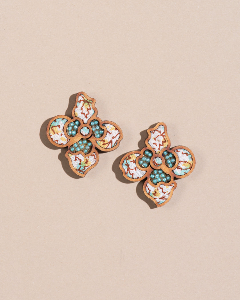 WHE Turquoise White Repurposed Fabric and Wood Flower Stud Earrings