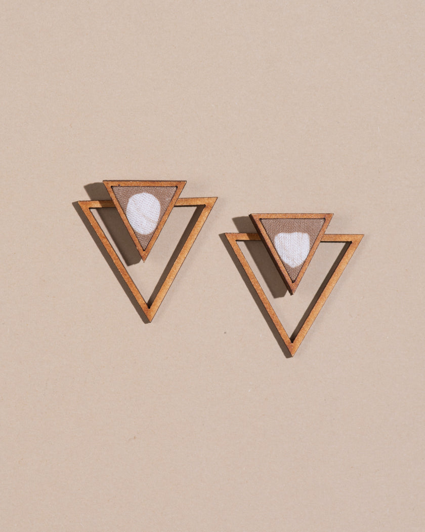 WHE Beige Two Look in One Repurposed Fabric and Wood Triangle Earring