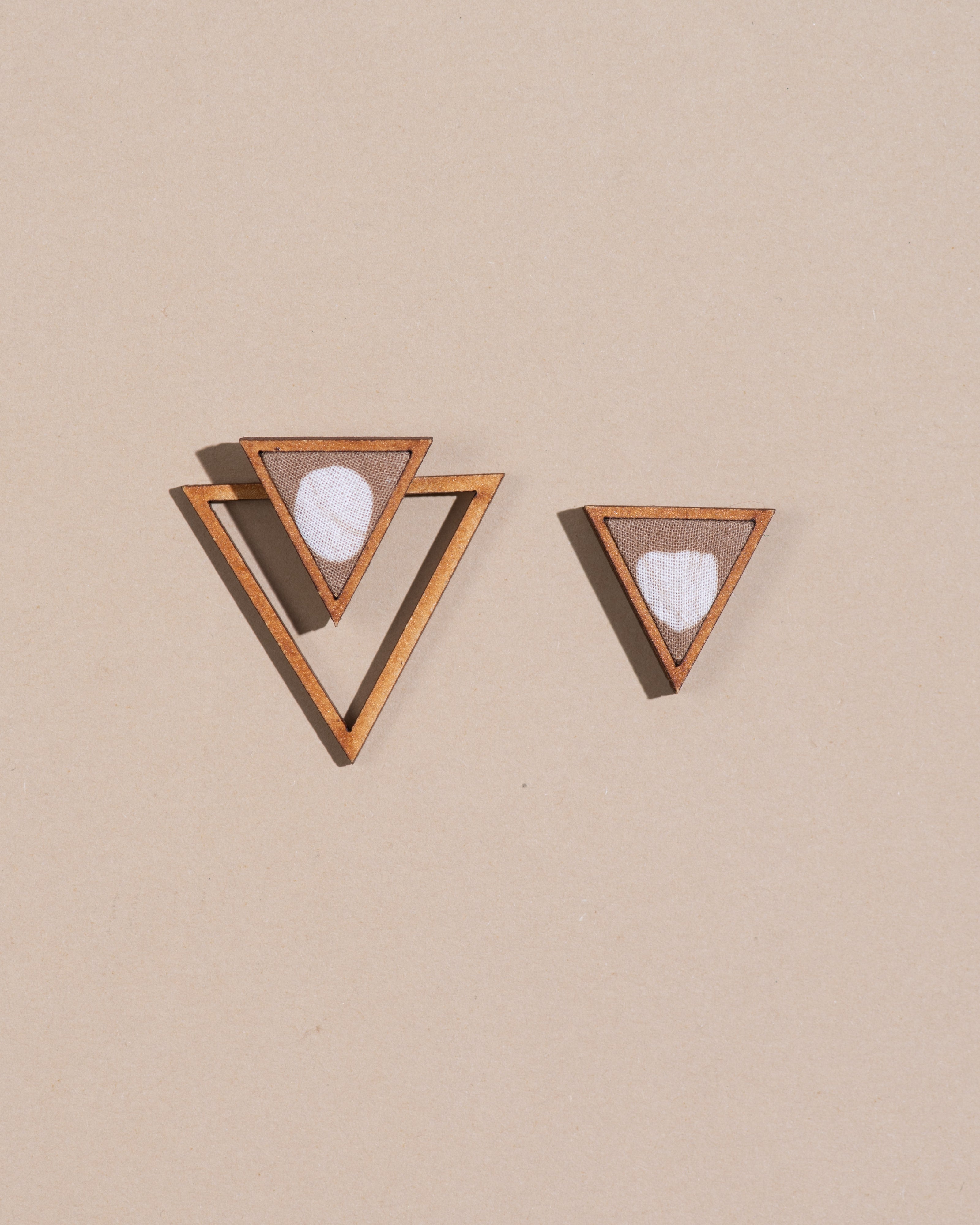 WHE Beige Two Look in One Repurposed Fabric and Wood Triangle Earring