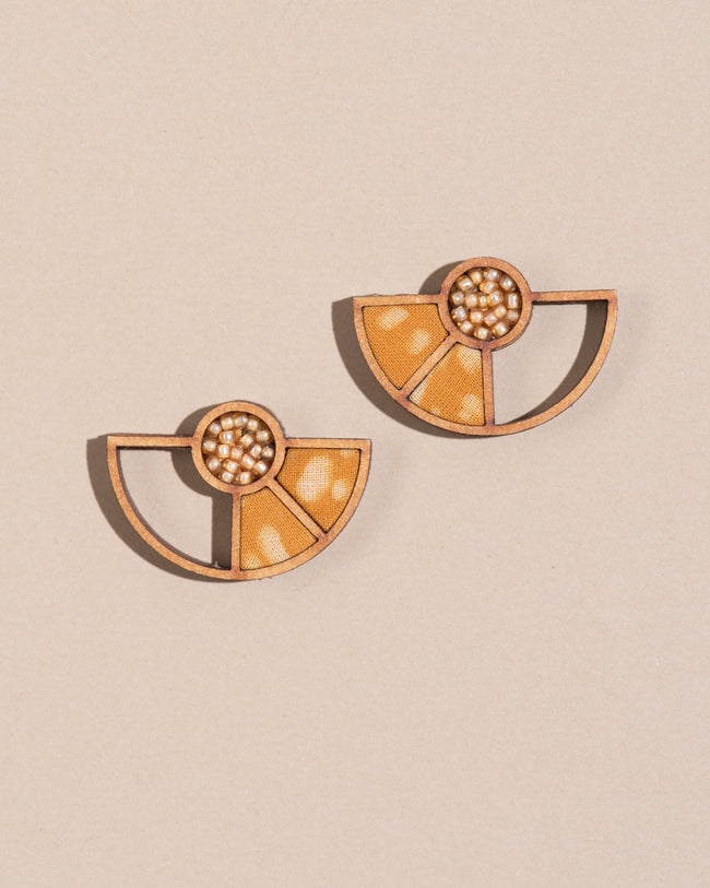 WHE Yellow Geometrical Repurposed Fabric and Wood Earring