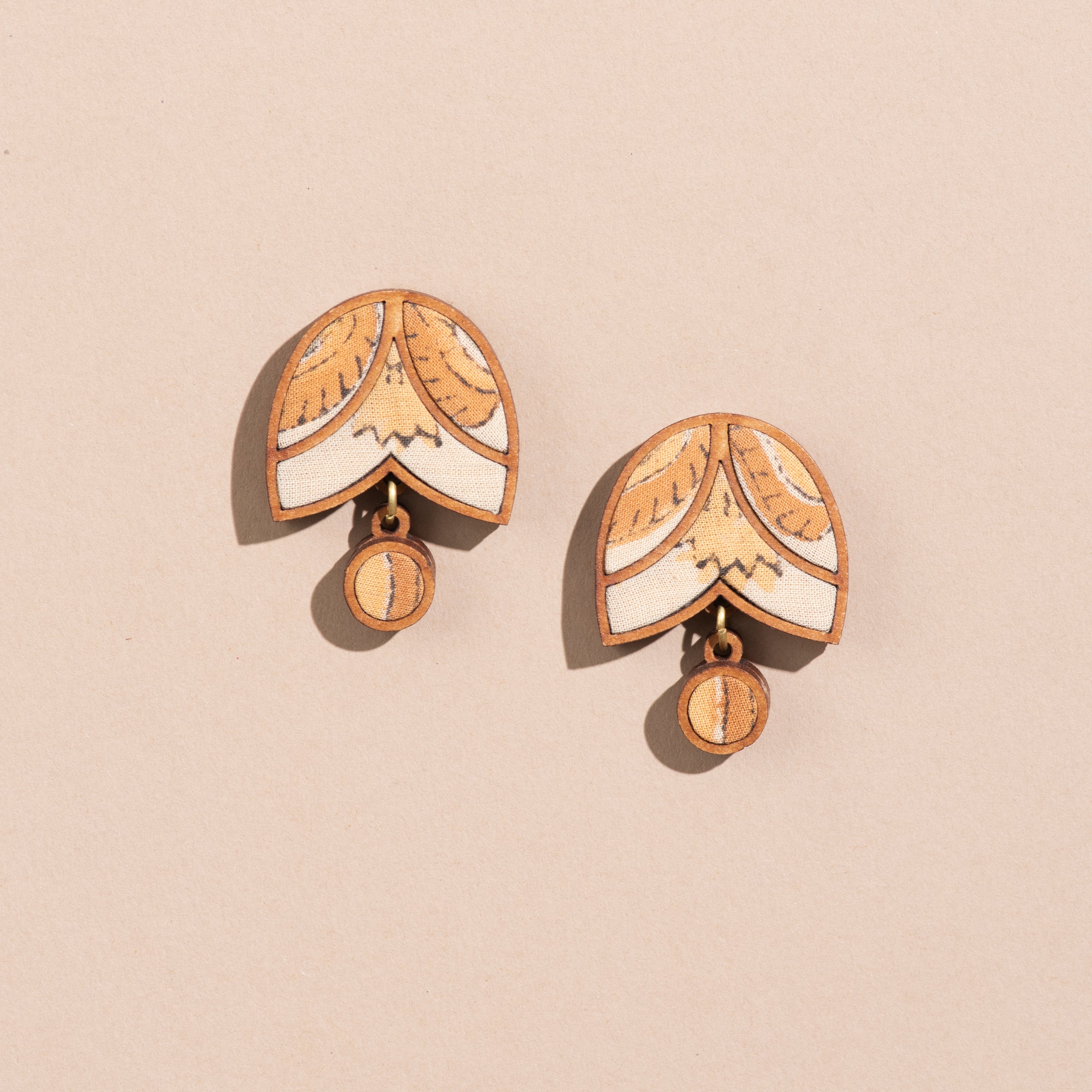 WHE Yellow Brown Bloom Repurposed Fabric and Wood Stud Earrings