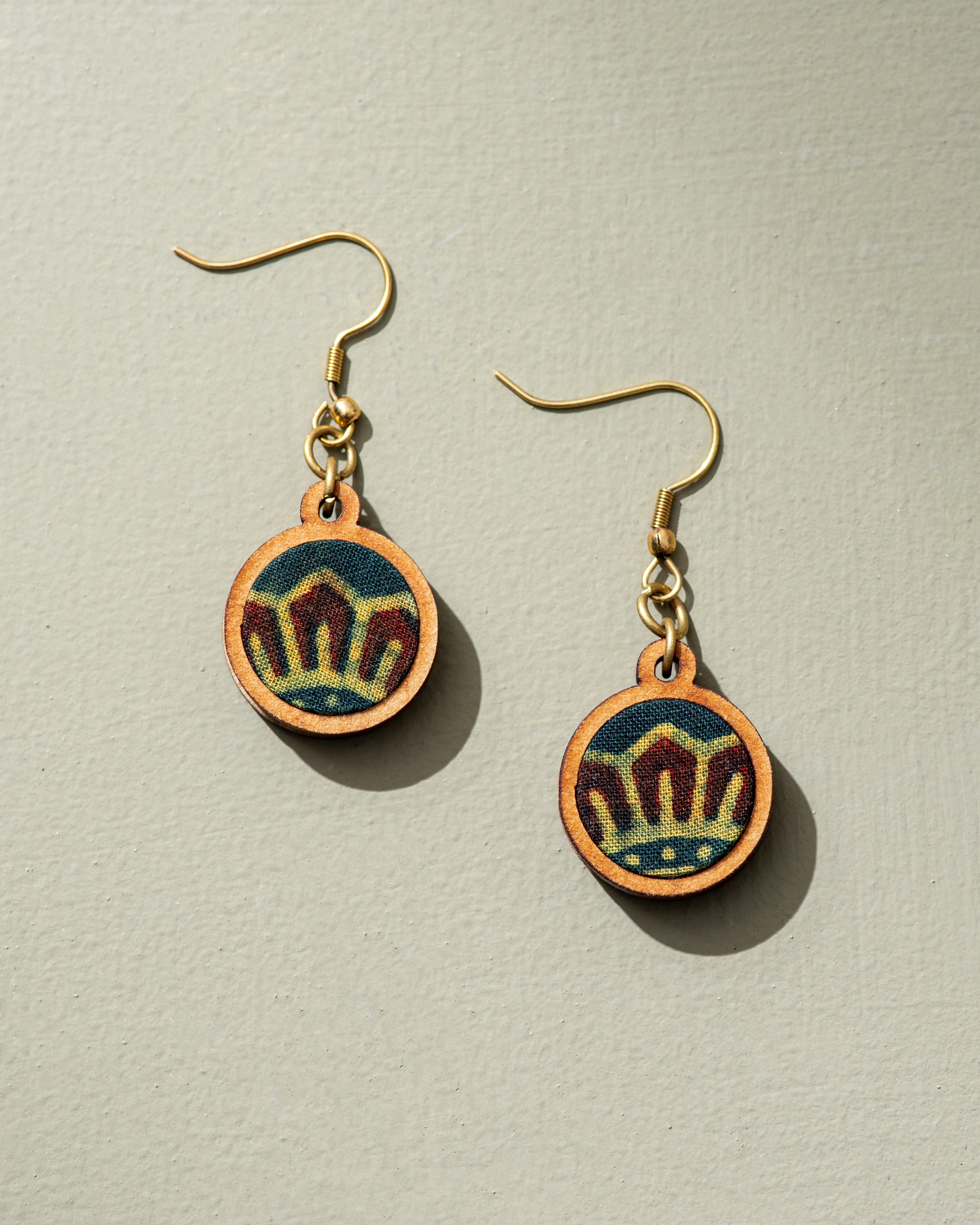 Whe Sun Green Ajrakh Fabric and Repurposed Wood Earrings