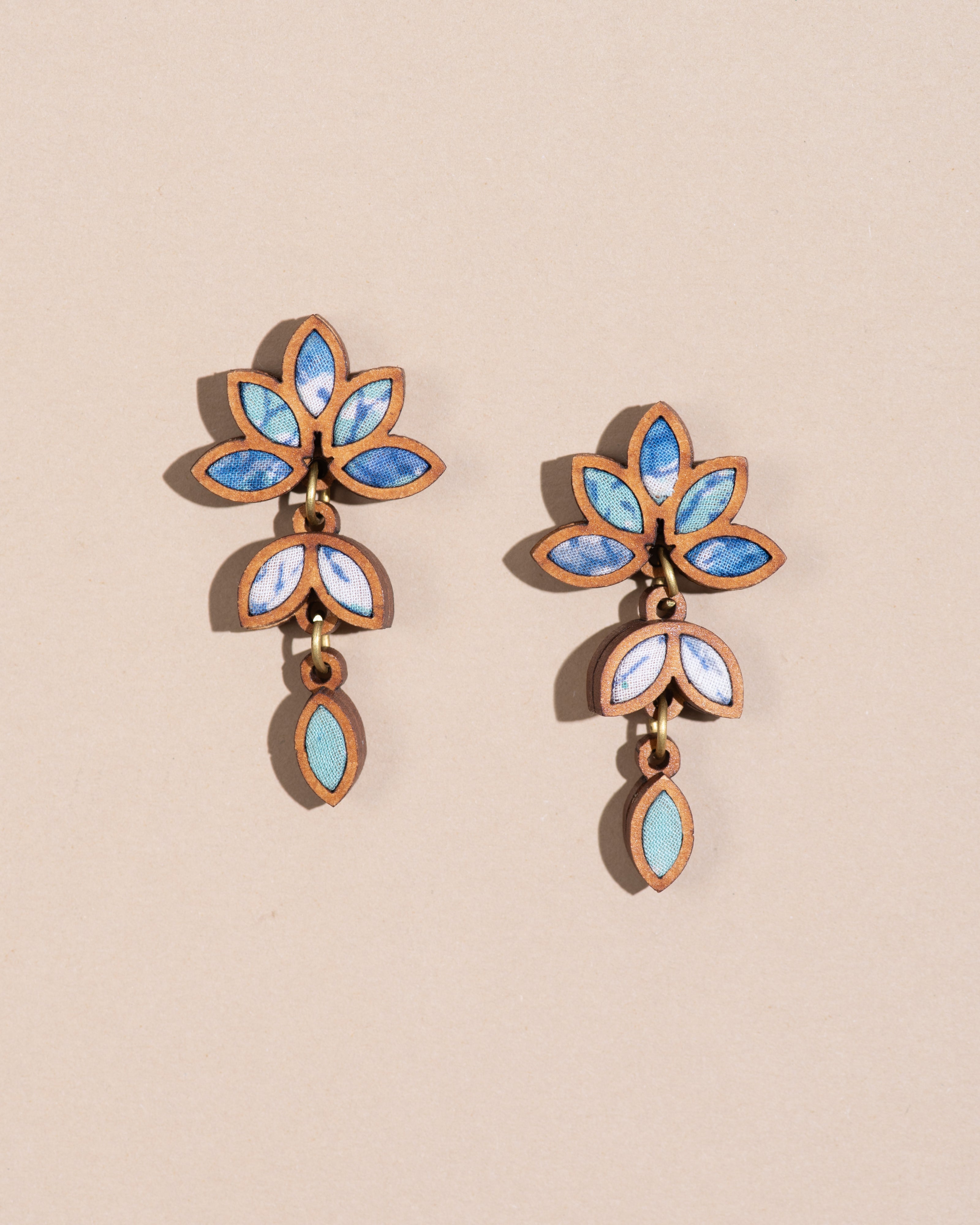 WHE Shades of Blue Bloom Repurposed Fabric and Wood Leaf earrings