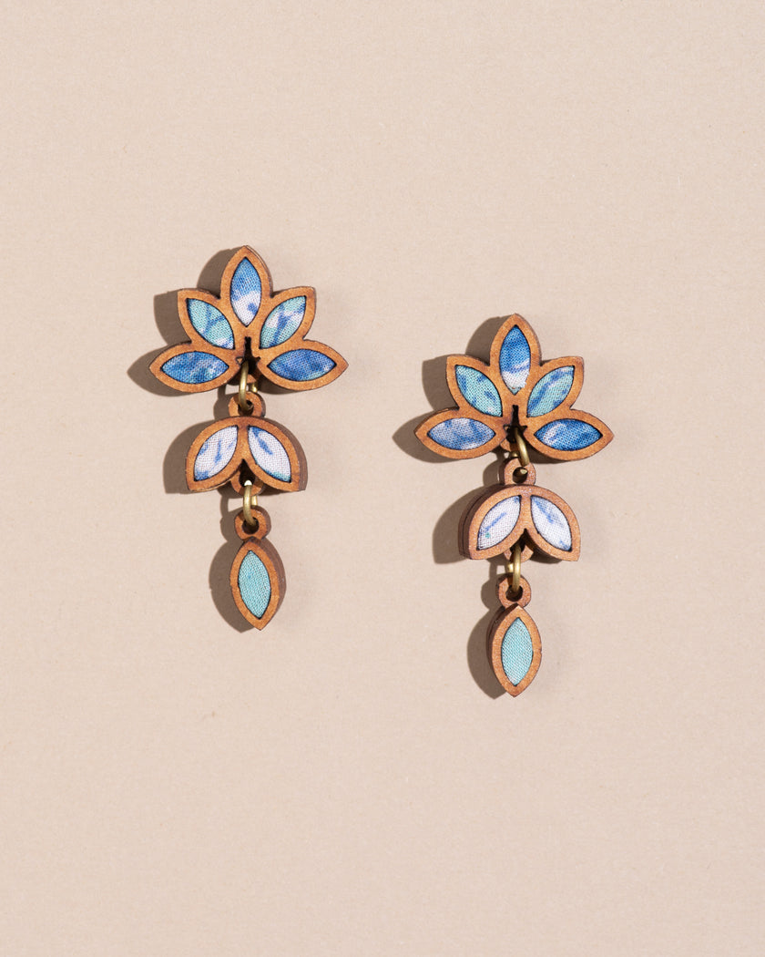 WHE Shades of Blue Bloom Repurposed Fabric and Wood Leaf earrings