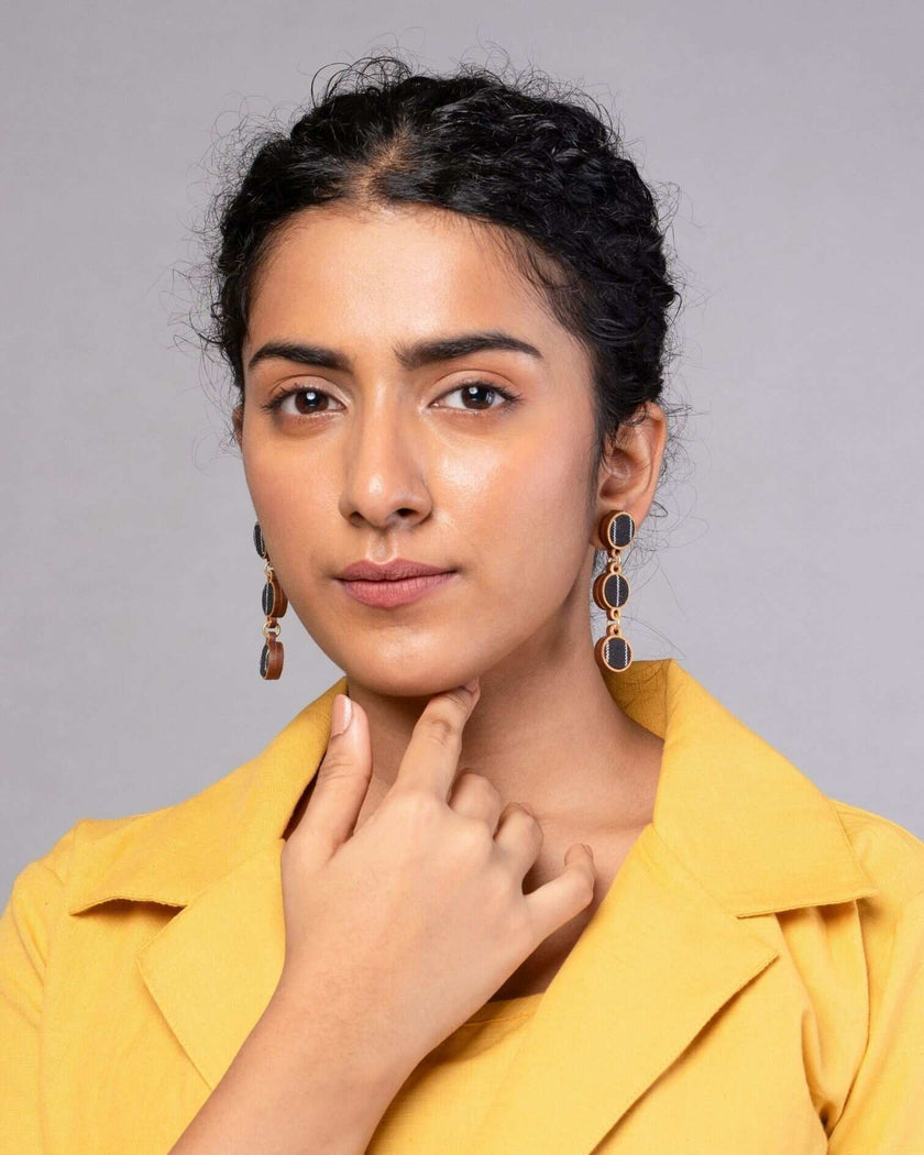 WHE Black Repurposed Fabric and Wood Connecting Round Earrings