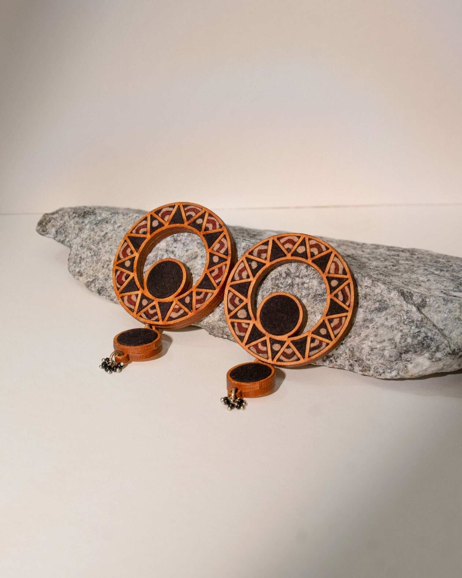 WHE Black Wheel Repurposed Ajrakh Fabric and Wood Earrings