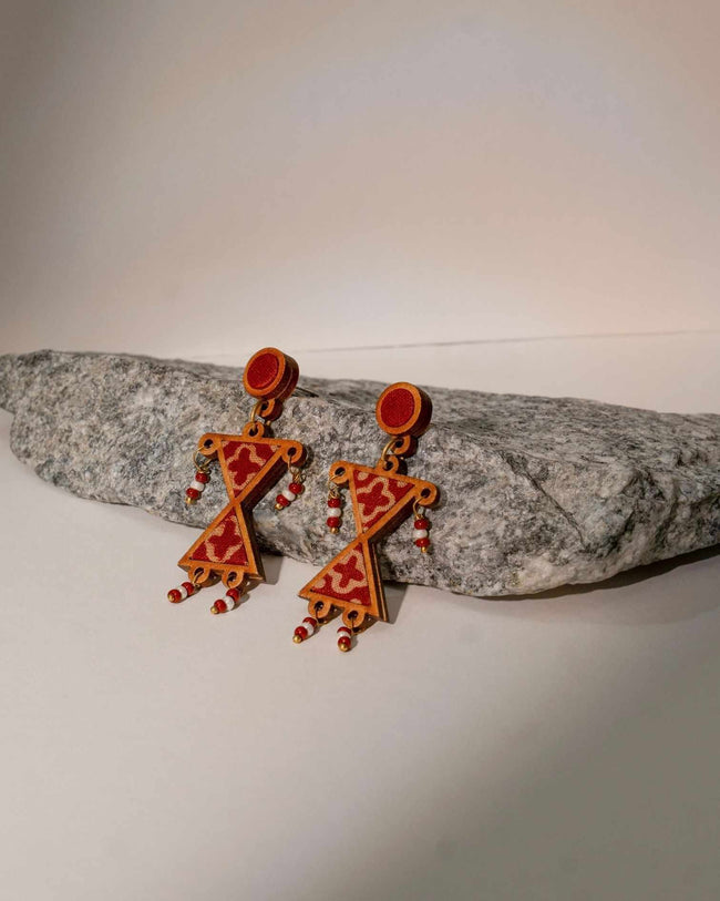 WHE Worli Inspired Maroon Repurposed Fabric and Wood Earrings