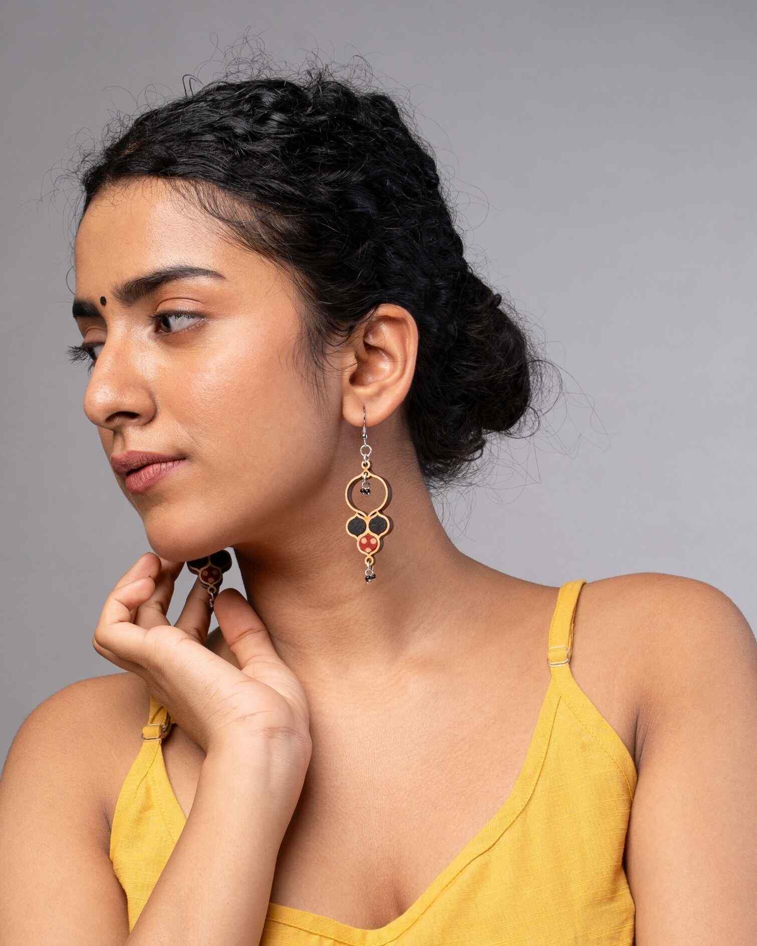 WHE Ajrakh Black Repurposed Fabric and Wood Round Danglers
