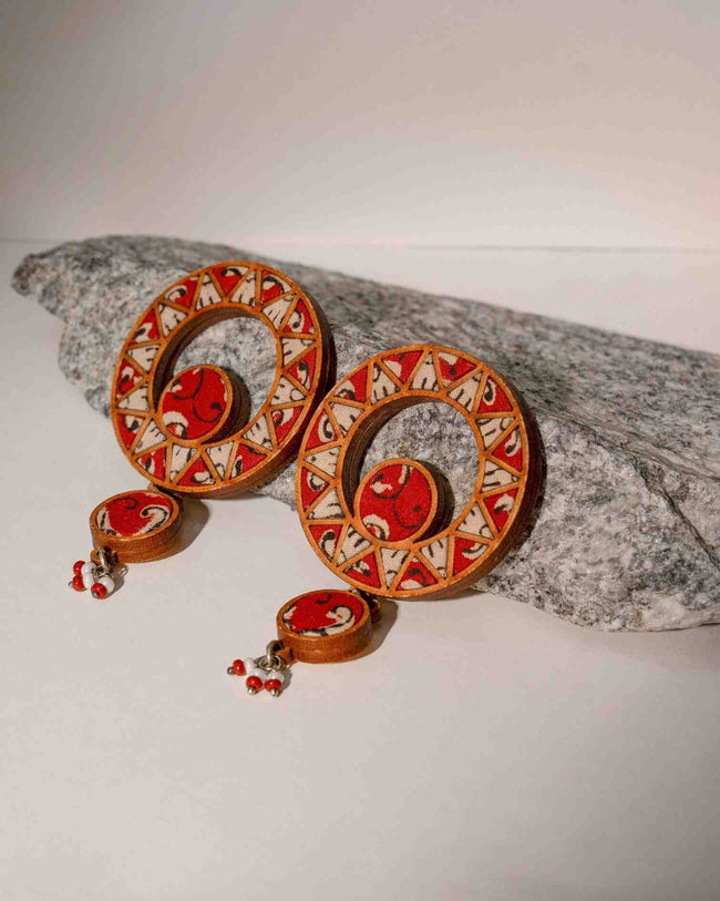 WHE Red Wheel Repurposed Fabric and Wood Earrings