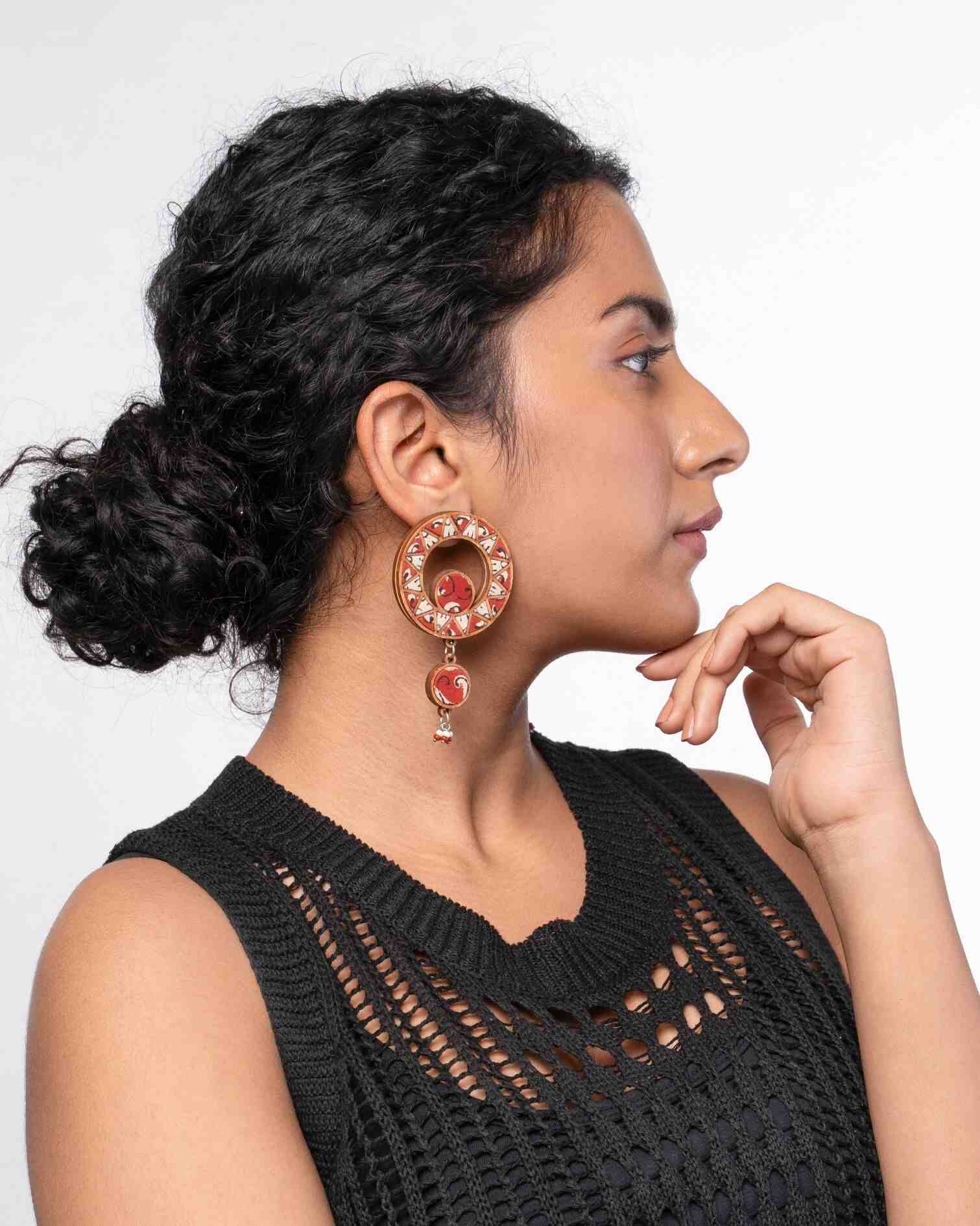 WHE Red Wheel Repurposed Fabric and Wood Earrings