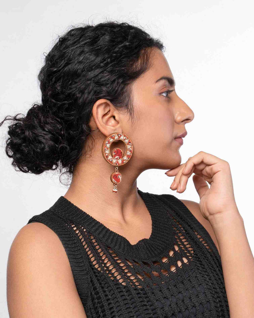 WHE Red Wheel Repurposed Fabric and Wood Earrings