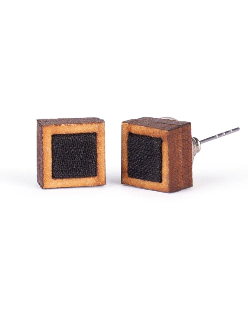 WHE Unisex Black Square Repurposed Fabric and Wood Studs