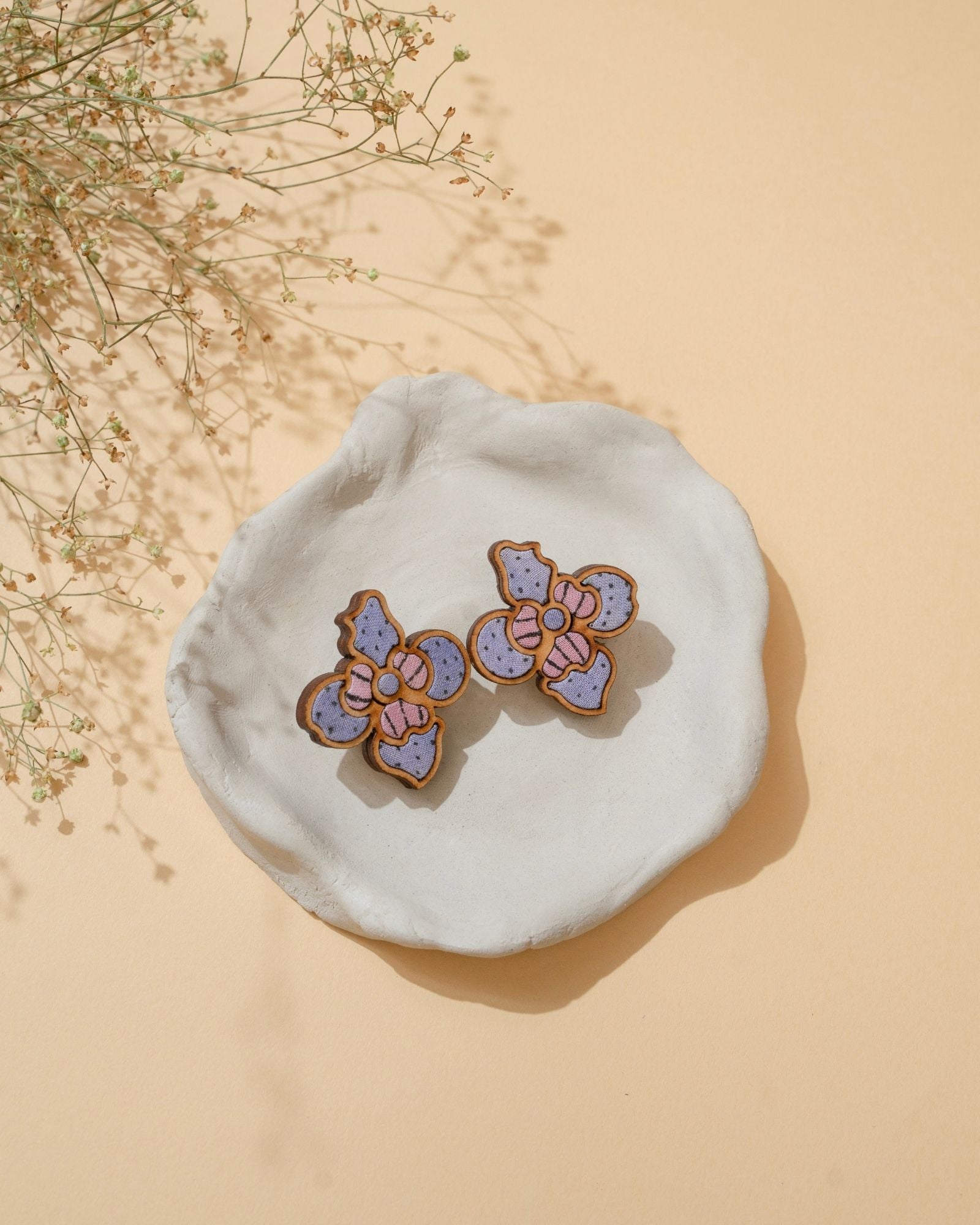 WHE Purple Bloom Repurposed Fabric and Wood Flower Studs