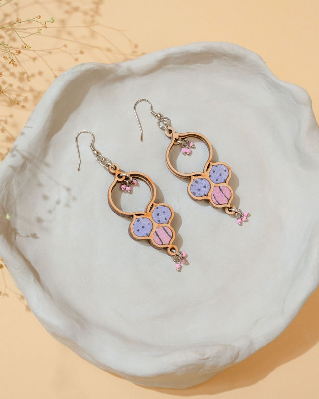 WHE Floral Purple Repurposed Fabric and Wood Round Danglers