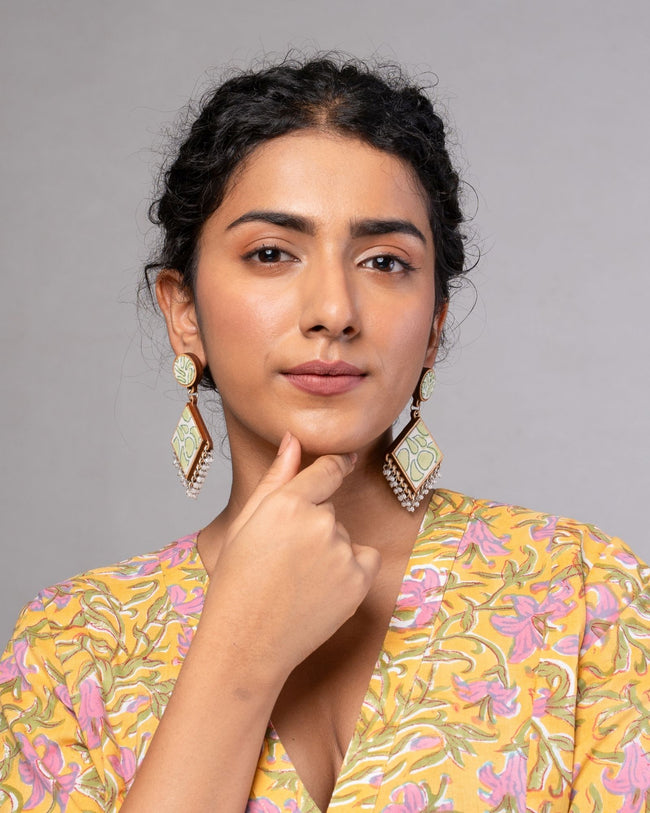 WHE Green Repurposed Fabric and Wood Diamond Earrings