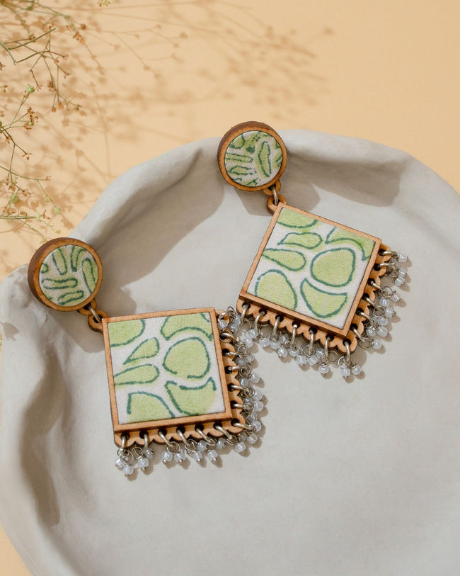 WHE Green Repurposed Fabric and Wood Diamond Earrings