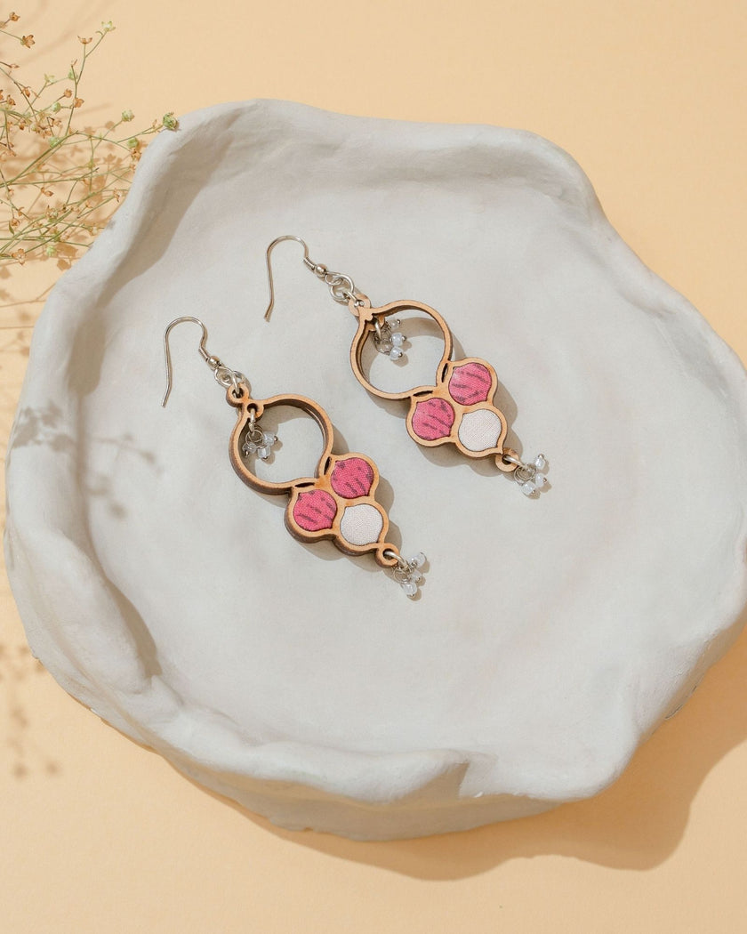 WHE Pink and White Repurposed Fabric and Wood Danglers