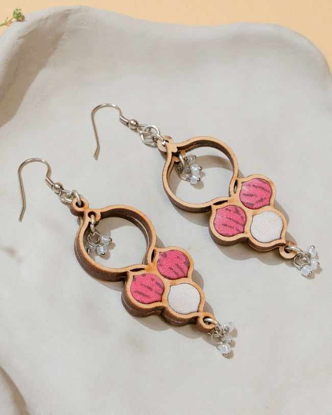WHE Pink and White Repurposed Fabric and Wood Danglers