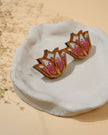 WHE Pink Bloom Lotus Repurposed Fabric and Wood Earrings