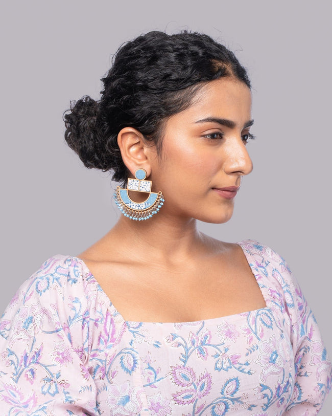 WHE Blue Repurposed Fabric and Wood Statement Earrings