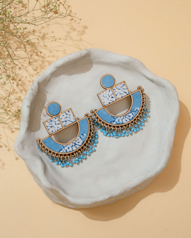 WHE Blue Repurposed Fabric and Wood Statement Earrings