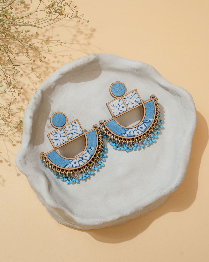 WHE Blue Repurposed Fabric and Wood Statement Earrings