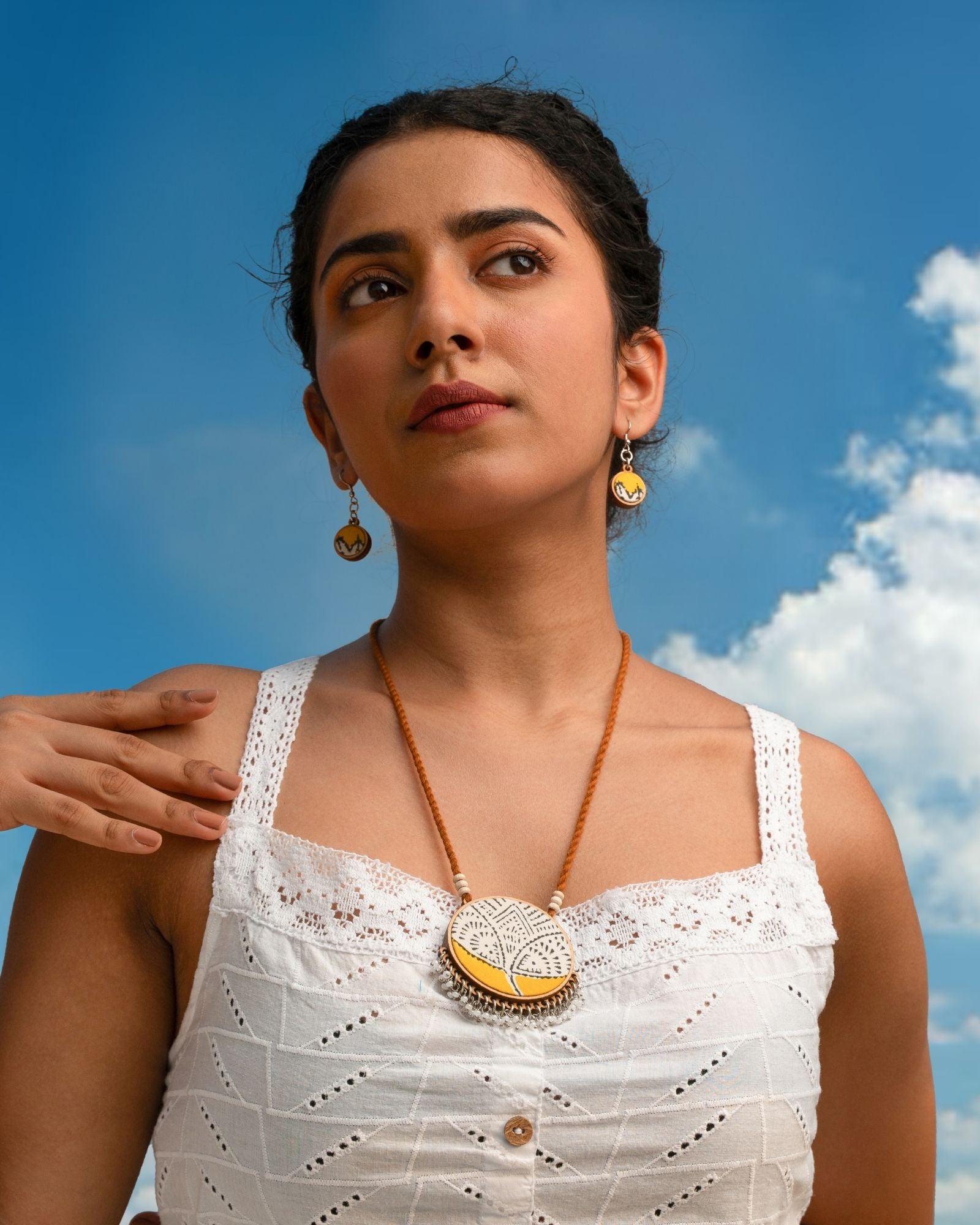 WHE Yellow Repurposed Fabric and Wood Danglers