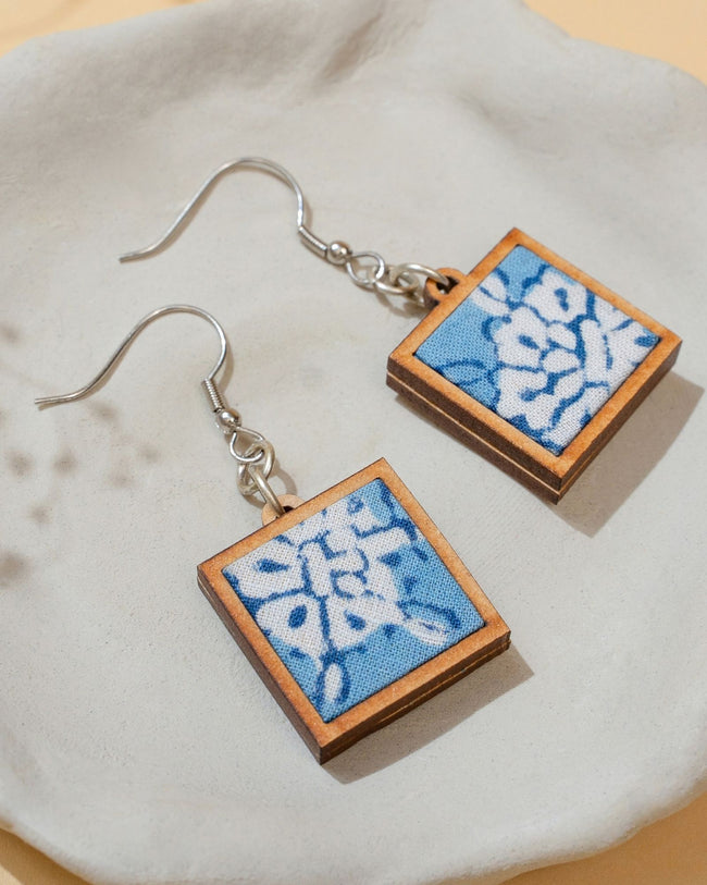 WHE Blue Repurposed Fabric and Wood Square Earrings