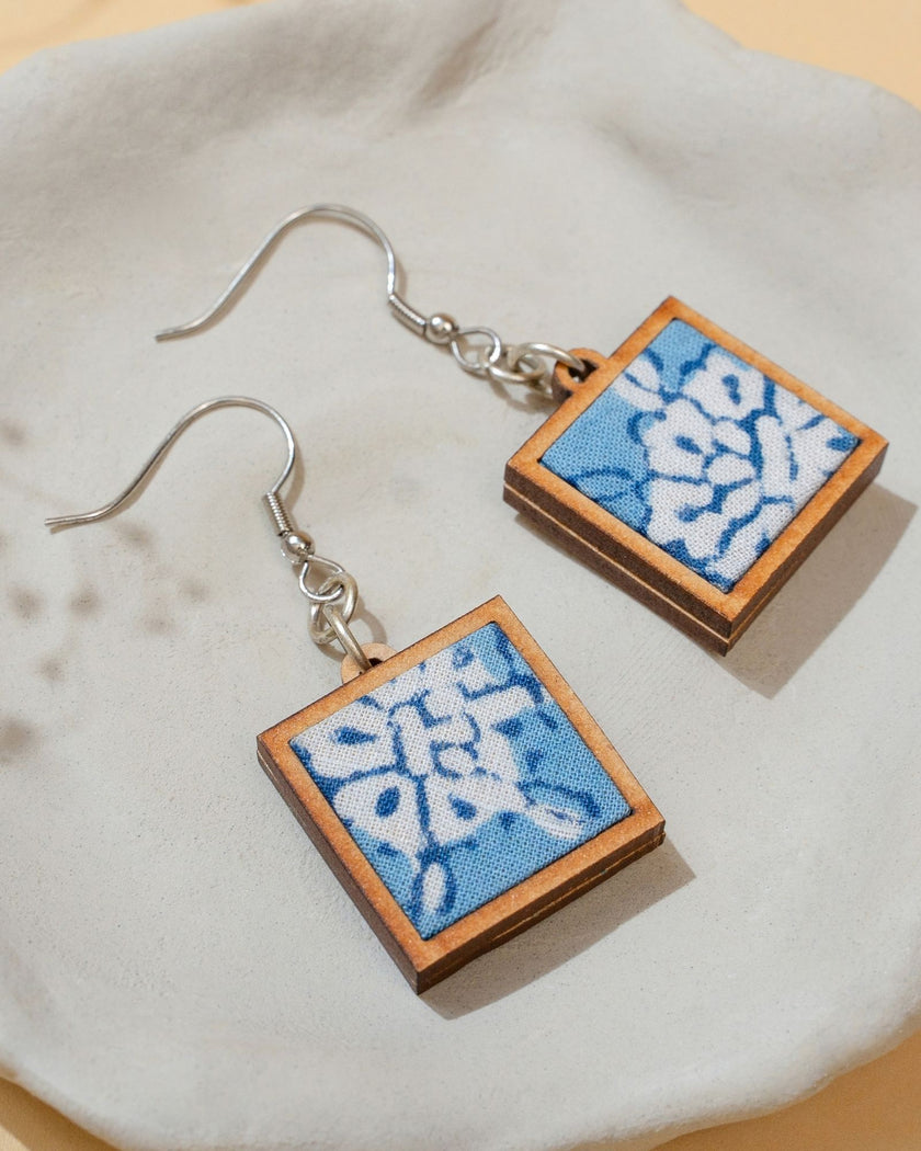 WHE Blue Repurposed Fabric and Wood Square Earrings