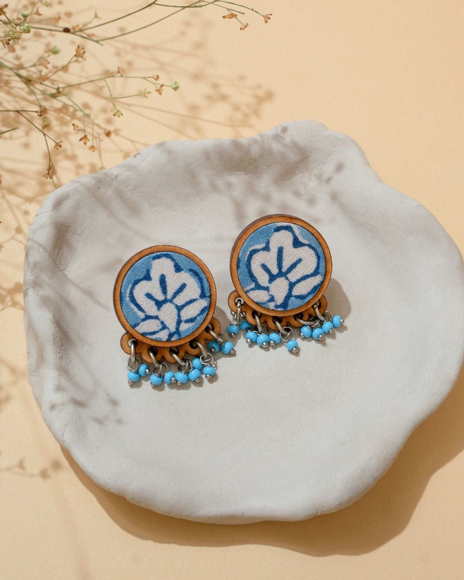 WHE Blue Repurposed Fabric and Wood Round Studs