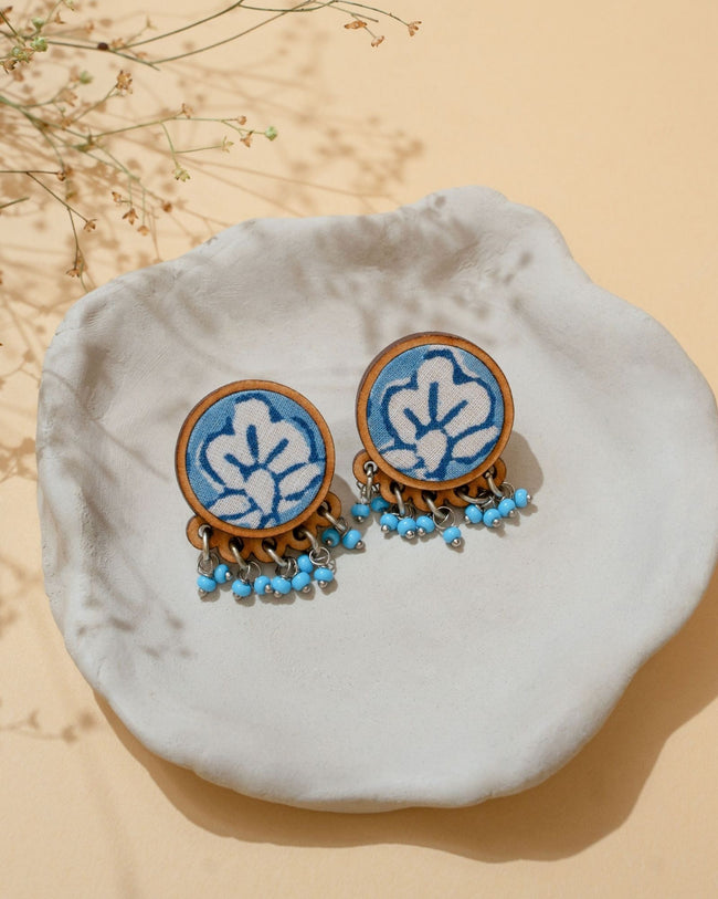 WHE Blue Repurposed Fabric and Wood Round Studs