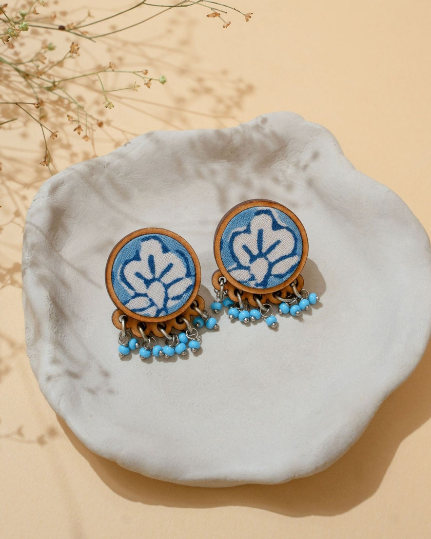 WHE Blue Repurposed Fabric and Wood Round Studs