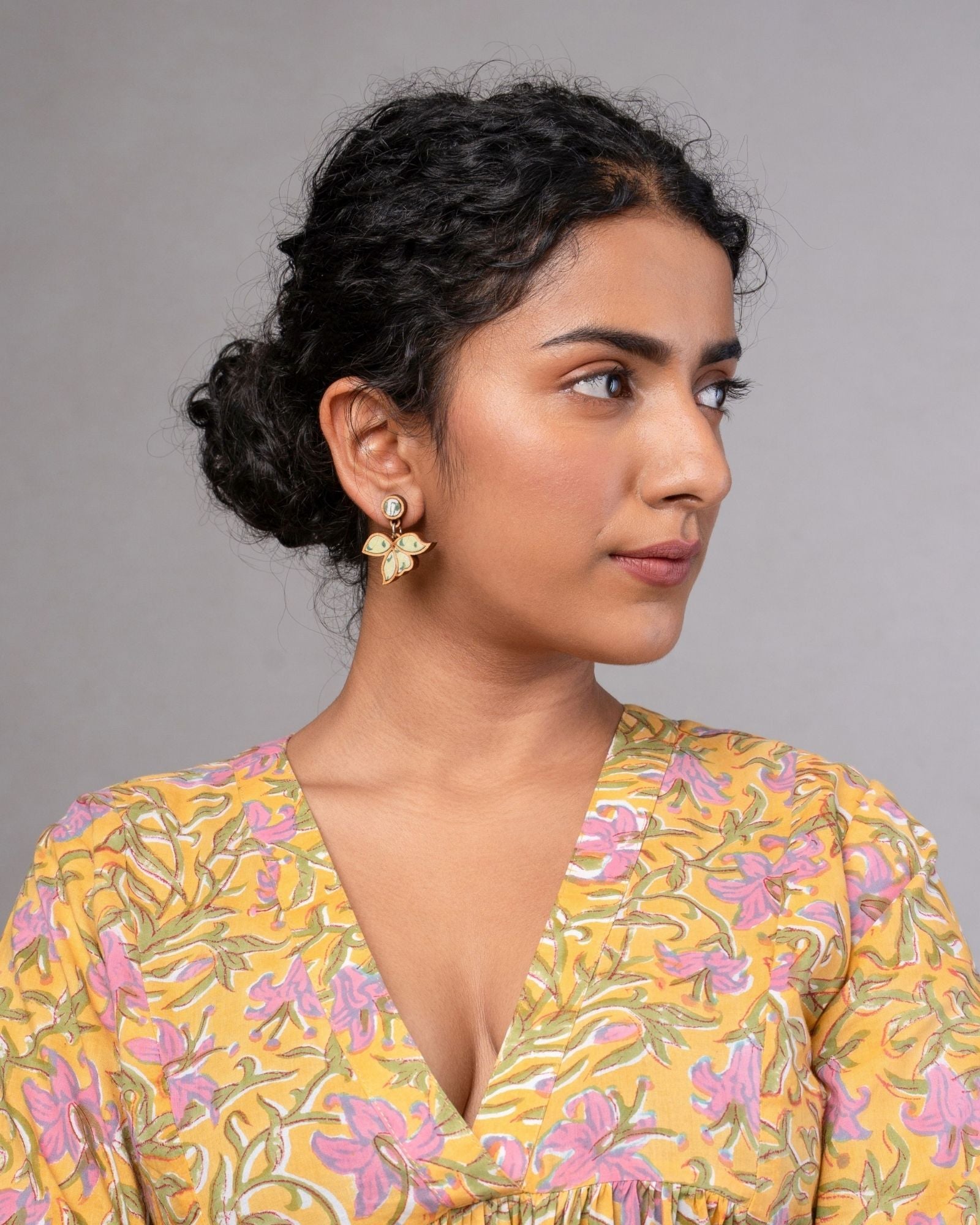 WHE Green Bloom Repurposed Fabric and Wood Leaf Earrings