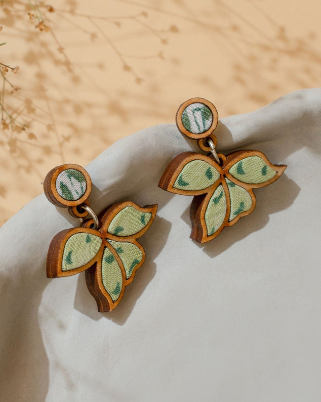 WHE Green Bloom Repurposed Fabric and Wood Leaf Earrings