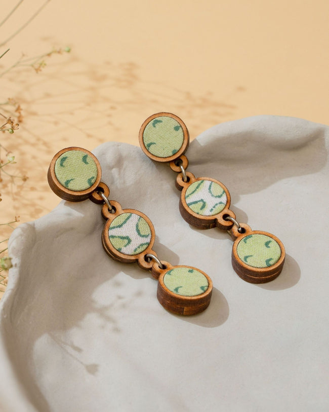 WHE Green Repurposed Fabric and Wood Connecting Round Earrings