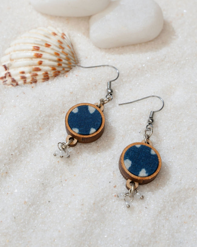 WHE Indigo Blue Fabric and Repurposed Wood Danglers