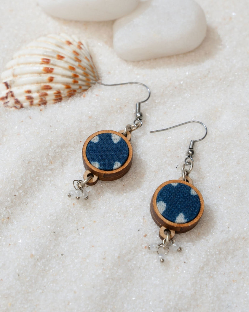 WHE Indigo Blue Fabric and Repurposed Wood Danglers