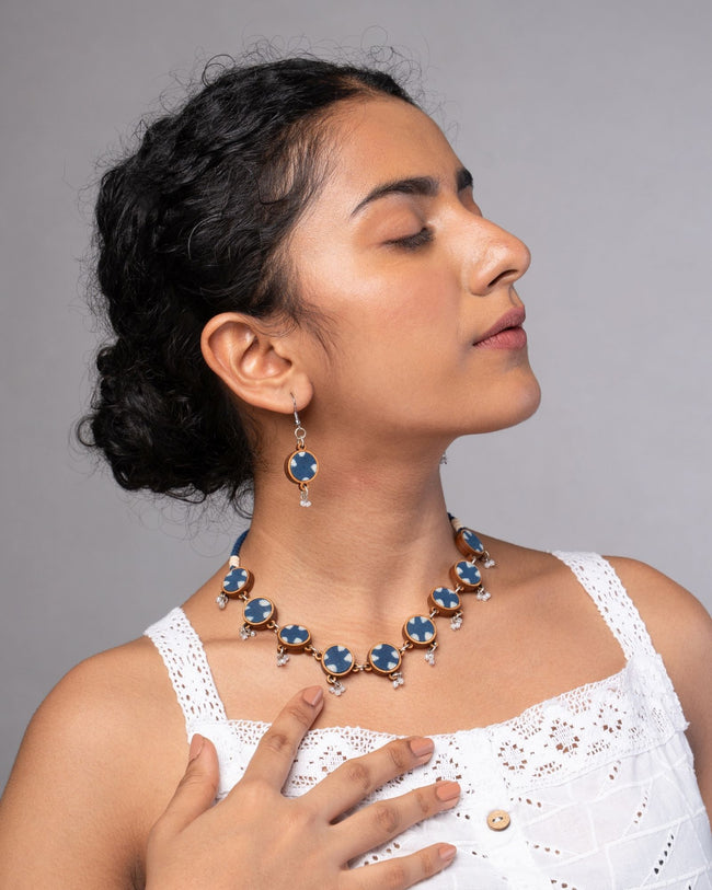WHE Indigo Blue Fabric and Repurposed Wood Danglers