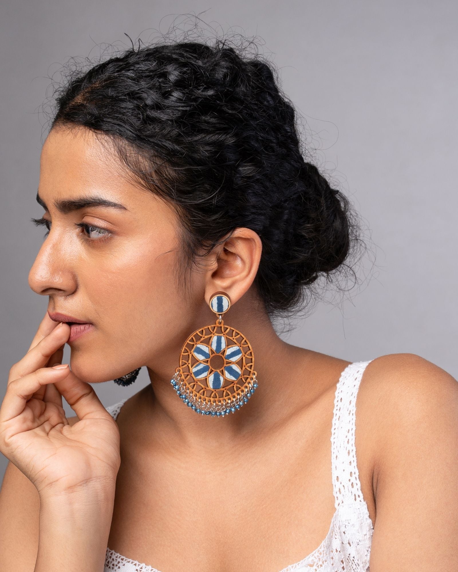 WHE Indigo Blue Wheel Repurposed Fabric and Wood Earrings