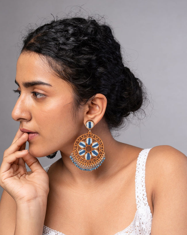 WHE Indigo Blue Wheel Repurposed Fabric and Wood Earrings