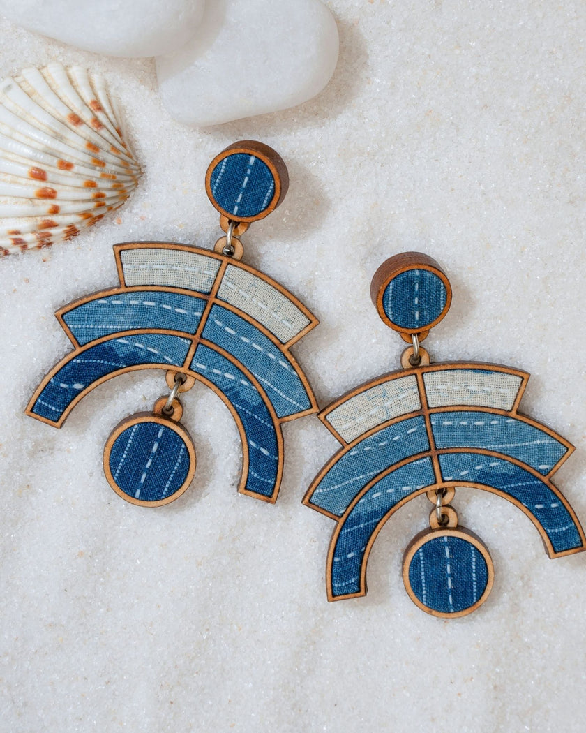 WHE Shade of Indigo Blue Arch Repurposed Fabric and Wood Earrings