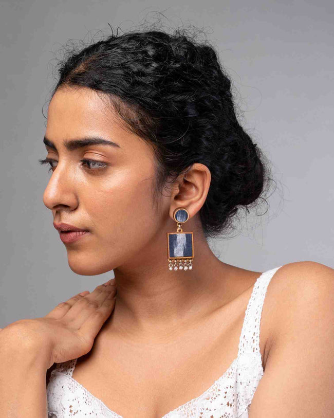 WHE Blue Ikat Fabric and Repurposed Wood Square Danglers