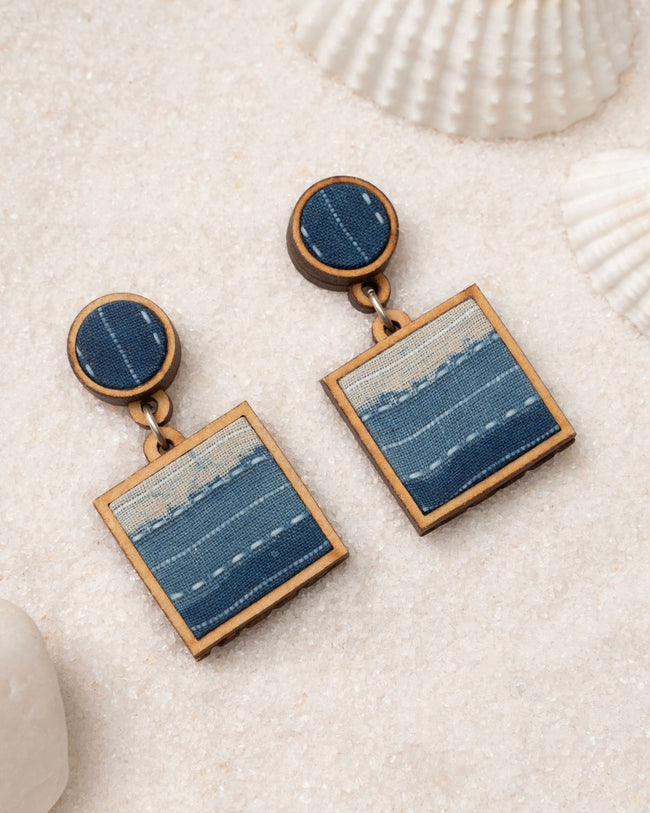 WHE Shades of Indigo Blue Repurposed Fabric and Wood Square Danglers