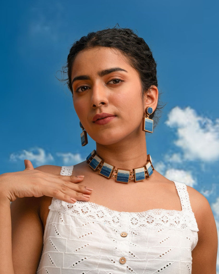 WHE Shades of Indigo Blue Repurposed Fabric and Wood Square Danglers